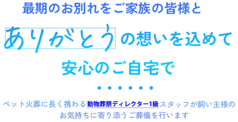 最期のお別れをご家族様の皆様と。「ありがとう」の想いを込めて、安心のご自宅で。ペット火葬に長く携わるベテランスタッフが飼い主様のお気持ちに寄り添うご葬儀を行います